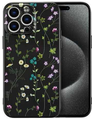 RALEAVO Flower Case for iPhone 15 Pro, Liquid Silicone Shockproof Protection Case Cover for Girls Women with Aesthetic Cute Floral Patterns Soft Slim Phone Case for iPhone 15 Pro 6.1-Black