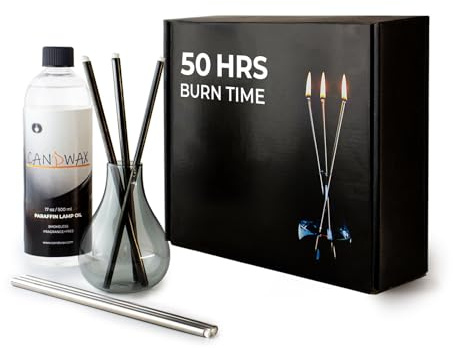CANDWAX Refillable Candle - Glass Oil Candle Gift Set with Liquid Paraffin Bottle 17oz, Funnel and 2 Sets of Metal Wicks Black and Silver - Everlasting Candle Ideal as Decorative Candles