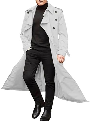 Snowboard Anorak Herren Herbst und Winter Langer Trenchcoat Zweireiher Mäntel Gürtel Lose Jacke Erwachsene Kleine Herrenmantel, weiß, XXL