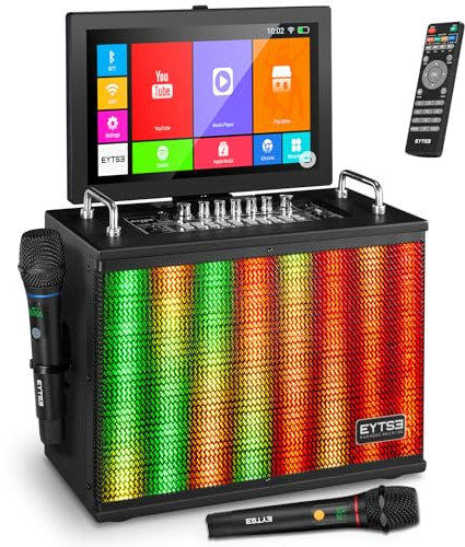 EYTSE Máquina de karaoke con pantalla de visualización de letras, pantalla táctil de tableta de 14 pulgadas, WiFi, sistema de altavoces HDMI PA con 2 micrófonos UHF recargables, altavoz de karaoke con