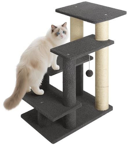 4-Step Pet Steps for Cats/Dogs, Cat Stairs with Sisal Scratching Post, Cat Steps for Older Cats with Enlarge Perch, Pet Stairs for High Bed and Couch, Gray