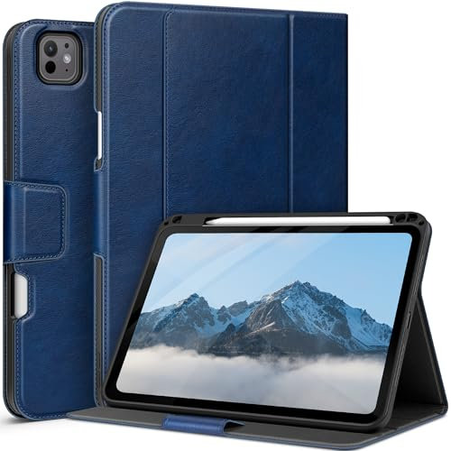 AUAUA Coque pour iPad Pro 11 (M5/M4) 2025/2024, avec Porte-Crayon et Poche, Plusieurs Angles de visualisation, Fermeture magnétique, Mise en Veille/réveil Automatique (Bleu)