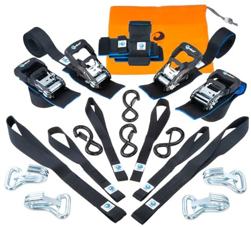 valonic Motorrad Spanngurte Set - 23-TLG., inkl. 4X Ratschengurte 650 kg, 6X Zurrschlaufen, 4X Kantenschoner, 8X Haken, 1x Beutel - Spanngurt Transport, Motorräder auf Anhänger