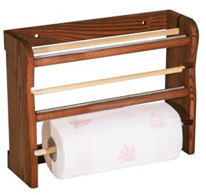 Mensola da Muro Parete Porta Rotolo Carta Scottex Asciugamani Domopack Carta Forno Pellicola Trasparente Dispenser 3in1 con 2 Taglierina Seghetto per Taglio da Cucina in Legno Scuro