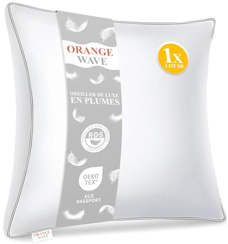 Orange Wave Oreiller Plume 60x60 - Coussin de Luxe 60x60 cm en Duvet et Plumes Naturelles, 1000g de Confort Moelleux et Ergonomique Oreiller pour Un Soutien Parfait et des Nuits Douces et Agréables