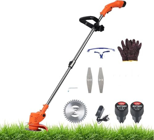 Fiauli Coupe-Bordure sans Fil 450W avec 2 Piles, Tige télescopique, poignée antidérapante, Coupe-Bordure à Batterie, Coupe-Herbe léger, Outil de Coupe-Bordure électrique pour Jardin (450W Orange)