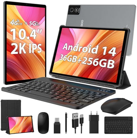 WOREGOO 2K Tablet 10.4 Pollici Android 14, 36GB RAM+256GB ROM(TF 1TB), 2.0Ghz Octa-Core, Dual 4G LTE+5G WiFi, Face ID/8000mAh/OTG/8MP+13MP/BT5.0/GPS/GMS, Tablet con Tastiera e Mouse, Grigio