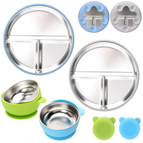 CLDY Juego de cubiertos de bebé de 4 piezas, plato para niños pequeños de acero inoxidable con ventosa, plato para bebe, apto para lavavajillas, antideslizante, sin BPA