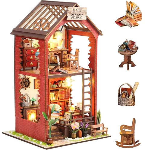shrike Book Nook- DIY Puppenhaus, Booknook Kit, Miniatur Haus Selber Baue Bausatz mit LED, 3D Holz Puzzle Buchstütze Bücherregal einfügen Dekor für Erwachsene(Bookstore)