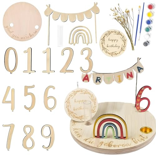 CHSG 20pcs Geburtstagsteller aus Holz, Handwerkskunst, Personalisierter Geburtstagsteller, Holz Geburtstagskranz mit Kerzenhalter und Zahlen, Geburtstagstischdeko für Kinder und Baby