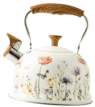 Gralara 3L Whistling Kettle Tea Maker with Wood Grain Handle Floral Pattern Gas Kettle with Whistle Fast Boil Whistling Water Kettle Stovetop Kettles Camping Teapot for Gas Stove or Induction Hob