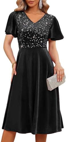 Bridesmay Women's Black Sequin Velvet Dress, Elegant Short Sleeve A-Line Formal Cocktail Party Dress for Wedding Guest, Christmas, New Year (Black, M)