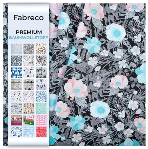 Fabreco - 100% Premium Baumwollstoff Meterware 100x160cm - schwarze Blumen | 220 g/lfm – Weich, langlebig & hautfreundlich | Stoffe Zum Nähen & Dekoration | Stoff Meterware - Fabric