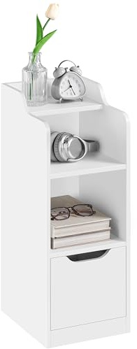 Yaheetech Nachttisch Schmal, Beistelltisch Nachtschrank mit Schublade und 3 Etagen Stauraum, Moderner Nachttisch für Schlafzimmer, Wohnzimmer, B25 x T30 x H65 cm, Weiß