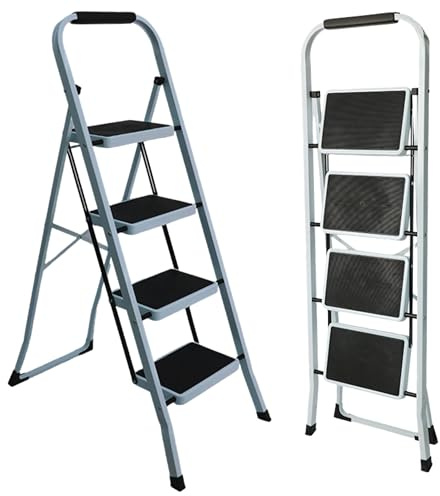 UABA Escalera Plegable, 4 Peldaños, Blanca, Asa Cómoda, Compacta, EN 131