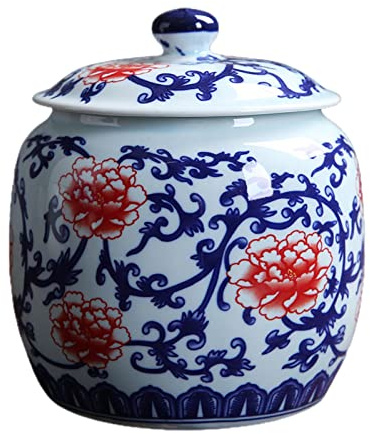 Ysyqkn en Céramique Pot à Gingembre Vase avec Couvercle Boîte de Rangement Porcelaine Jarre Décorative Adaptée Cadeau Organisation Maison, Fleurs Rouges