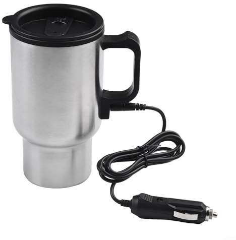 Stainless Steel Car Electric Water Heater Mug 12V 450ml Travel Heated Coffee Cup Vacuum Insulated with Indicator Light Silver Black