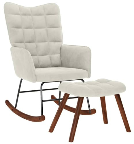 RuiNingRN Gungstol med pall grädde sammet relaxfåtölj gungstol lounge amningsstol ergonomisk träbas för vardagsrum sovrum balkong och trädgård