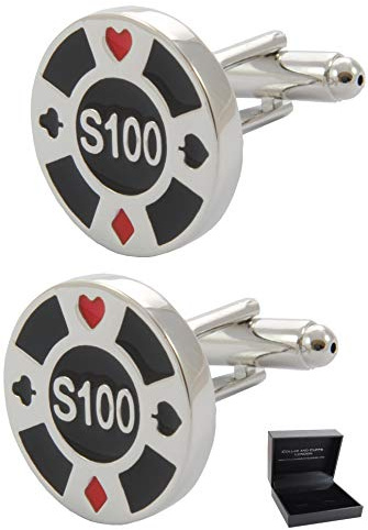 Manschettenknöpfe Herren Silber Farbe - Mit Box - Casino Token - Langlebiges Messing - Silberne Schwarze und Rote Farben - Kasino Spiel Poker Zocken Runde - Ein Paar