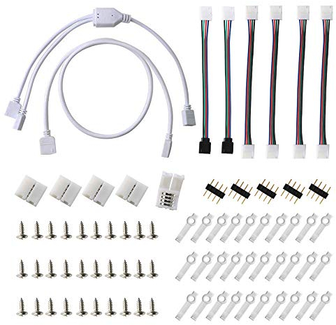 RUNCCI-YUN 5050 4 Pin RGB LED Light Strip Connector Kit 2 Way LED RGB Splitter Cable,10mm PBC LED Strip Jumper Connectors, RGB Extension Cable, LED Light Strip Clips, Gapless Connectors