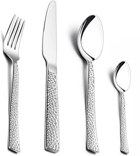 HaWare 16 Pieces Cutlery Set, Stainless Steel Hammered Flatware Silverware for Home/Office/Party, Knife Fork Spoon Eating Utensils Service for 4, Mirror Polish & Dishwasher Safe