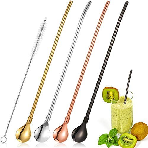 4 Pieces Spoon Straws Stainless Steel Drinking Spoon Straws Reusable Metal Cocktail Spoons Straws with Long Cleaning Brush