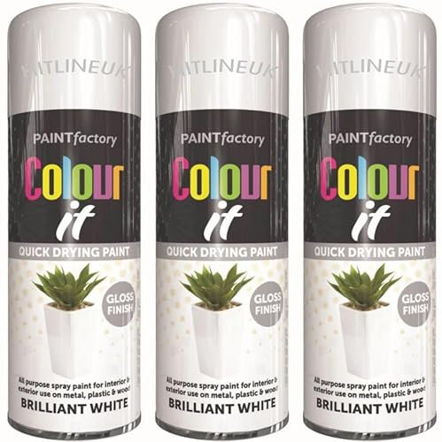 HitlineUK 3 x 400ML BRILLIANT WHITE COLOUR IT GLOSS FINISH SPRAY PAINT DECORATE WOOD METAL