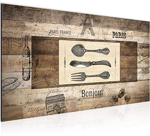 Runa Art Wandbild Küche Holz 1 Teilig 100 x 40 cm Modern Bild auf Vlies Leinwand Vintage Besteck Esszimmer Küchenbilder Braun 038012a