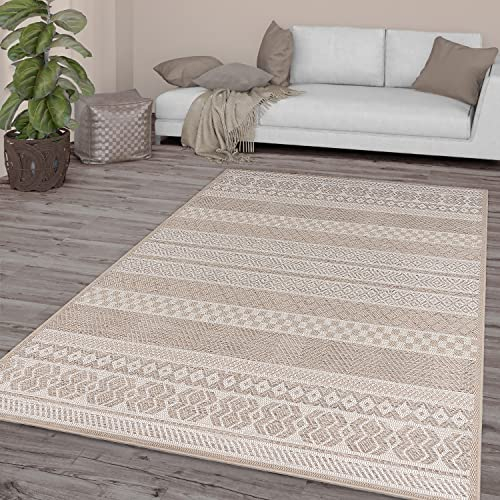 TT Home In-& Outdoor Teppich Wetterfest Balkon Küche Wohnzimmer Boho Rauten Design, Farbe: Beige, Größe:80x150 cm