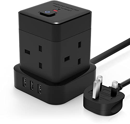 Cube Extension Lead 5M Black Baykul 4 Way Extension Plug Cable with 3 USB Ports (5V/2.4A) Power Strip Multi Plug Extension Cord for Home Office Travel Dorm Room