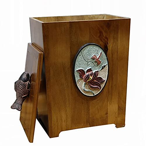 Cubo de Basura Cuadrado de Madera, papeleras ecológicas con Tapa de Carpa, para baño, Oficina, Cocina, Papelera de Madera Maciza