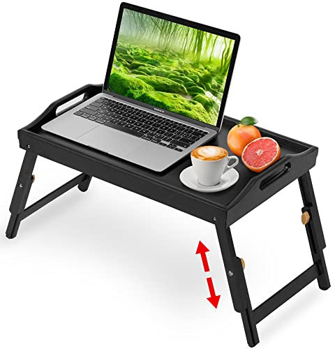 Mayyol Bandeja de desayuno para comer, mesa elevada de altura ajustable, bandeja de bambú para servir en el sofá de regazo, bandeja portátil para aperitivos con patas plegables, ideal para dormitorio,