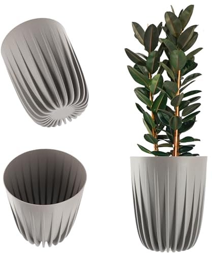 KADAX Blumentopf aus Kunststoff mit Naturmaterialien, Moderne Pflanztöpfe, Pflanzentopf mit geometrischem Muster, runder Blumenkübel mit Einsatz, Naturblumentopf, Hochübertopf (∅ 30 cm, Grau)