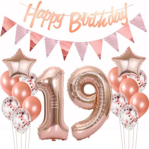 Deko 19. Geburtstag Rosegold - Luftballons, Girlande, Banner für Mädchen - Dekoration Set