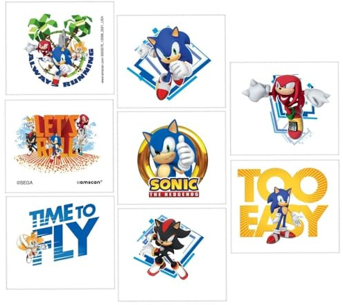 Amscan 3903076 Sonic Tattoos-5cm x 4cm | Multicolore | 8 Pz. Tatuaggi