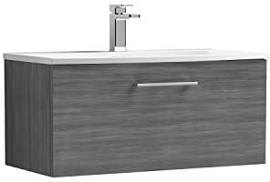nuie ARN525G Arno Modern Bathroom Wall Hung 1 Drawer Vanity Unit with Curved Ceramic Basin, 800mm, Woodgrain Anthracite