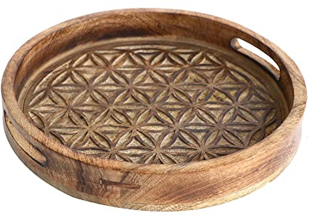 Plateau de Service Rond en Bois de manguier, Modèle Fleur de Vie, L 35 cm