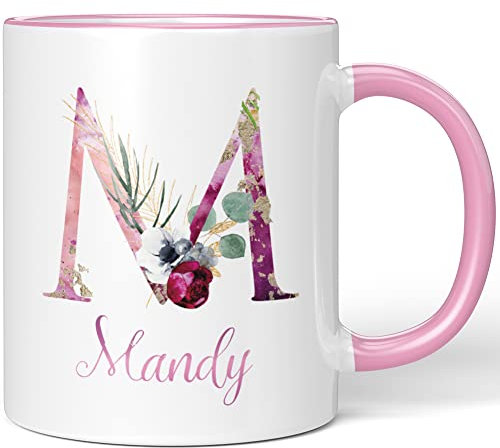 JUNIWORDS Tasse, Mandy, Name Anfangsbuchstabe Initial Alphabet Floral Buchstabe M Monogramm Motiv, Rosa (5524841)