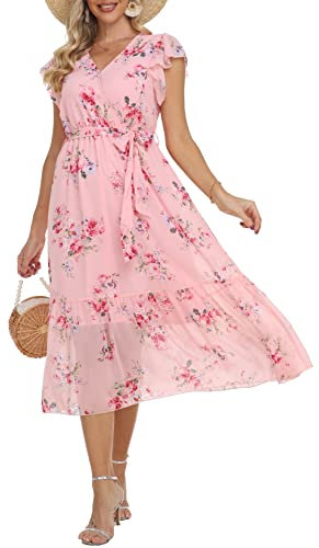 VOGMATE Robe mi-Longue décontractée pour Femme Floral Wrap Col en V Mousseline de Soie Robes d'été A-Ligne avec Ceinture Rose S