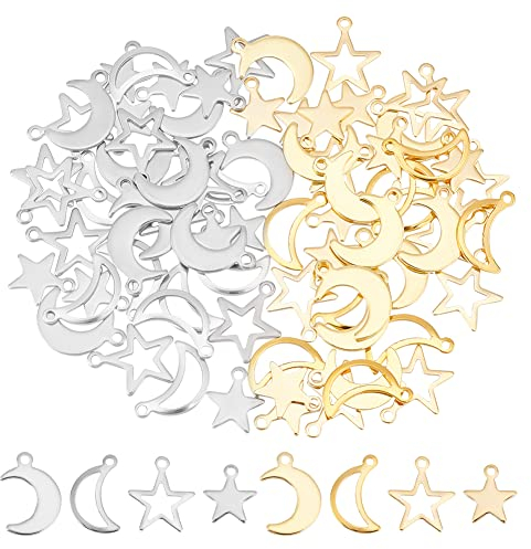 UNICRAFTALE 80Stk 2 Farben Stern Mond Anhänger 304 Edelstahl Weihnachten Stern Charms Gold Edelstahl Farbe Mond Anhänger Für Damen DIY Weihnachten Halsketten Armbänder Schmuckherstellung Zubehör