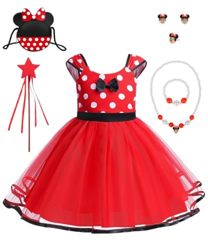 HOUSTAR Princess Costumes for Girls, Toddler Polka Dots Fancy Dress with Mouse Ears Bag Necklace, Kids Dress Up Outfit Tutu Dress for Christmas Halloween Carnival Party Cosplay