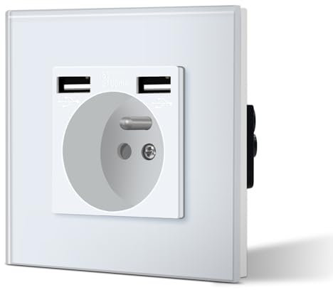 BSEED Prise de courant avec USB 2.1A, Prise Murale en verre cristal, Prise Encastrable pour Bureau Domicile 16Amp 240V 86mm Blanc