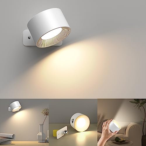 Mexllex Rechargeable Wall Light Indoor, 3 Brightness Levels 3 Color Modes Bedside Lamp, 360° Rotatable Touch Control Wall Lamps for Bedroom Living Room Hallway Wireless Wall Lights, White