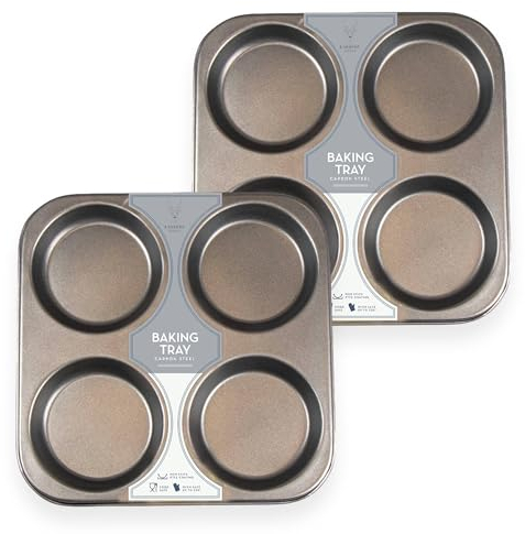 Caribou Living Yorkshire Pudding Large 4 Hole Tray Non Stick Carbon Steel Grey Tin Baking Tart Bun Sunday Roast Big Yorkshire Puddings - 2 Trays
