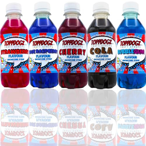 Toppdogz Slush Puppy Compatible Snowcone syrup|premium concentrate|Top 5 favourite flavours|Blue Raspberry, Strawberry, Cherry, Cola, Blue Bubblegum 5 x 250ml slushy slushie