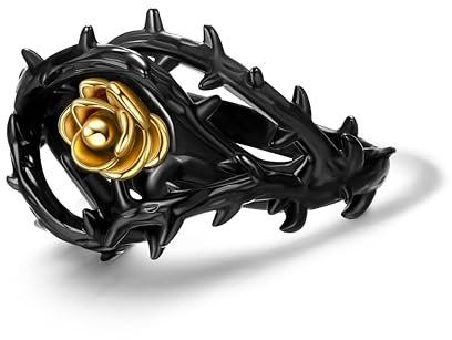 GTHIC Anelli Gotici Vintage Spine Nere e Oro Giallo Fiore di Rosa Anelli Gioielli Grunge Estetica Dichiarazione Anelli Punk Anelli Goth in Acciaio Inossidabile per Donne Uomini Taglia 6