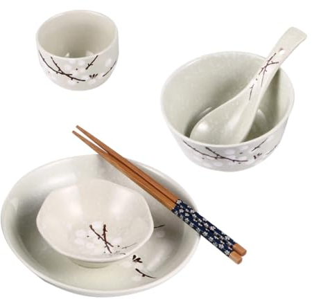 MAGICLULU 1 Set 6 Pz Stoviglie Piatto Di Cibo Piatto Di Cereali Servizio Da Tavola in Ceramica Set Da Pranzo Floreale Piatto Da Cena Individuale Di Legno Stile Giapponese Piatto in Ceramica