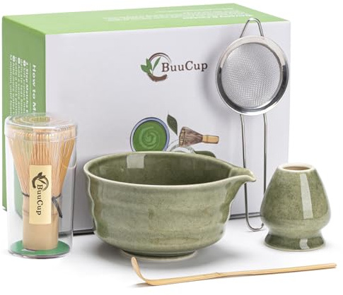 Buucup Matcha Set, Matcha Bowl with Spout, Matcha Whisk and Holder, Bamboo matcha Scoop and Stainless Sifter - 5 Pcs Jade Green Matcha Set Kit for Matcha Lover