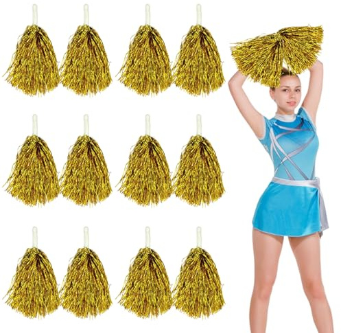 12 Stück Cheerleading Pompons Cheerleader Pom Poms Sport Pompons Cheers Ball Pompoms Handblumen Metal Foil Ponpons Mit Griffen Für Sportveranstaltungen Tanz Nacht Party Ballspiele (Gold)