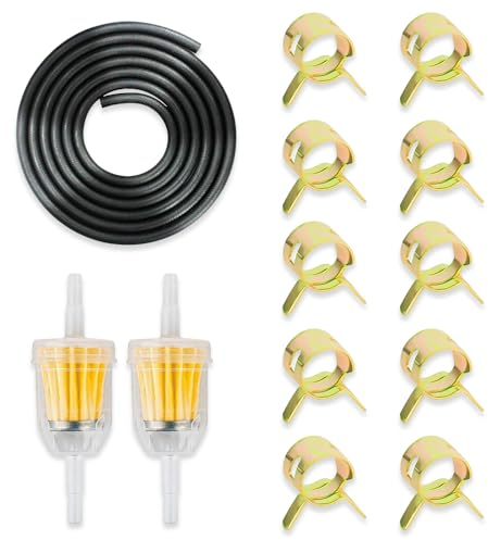 Aoreun Tuyau D'essence Kit, 2 Mètre Ø 5mm Conduite de Carburant avec 10x Colliers de Serrage et 2x Filtres à Carburant, Tuyau de Carburant Durite Essence pour Voiture Moto Tracteur Petits Moteurs